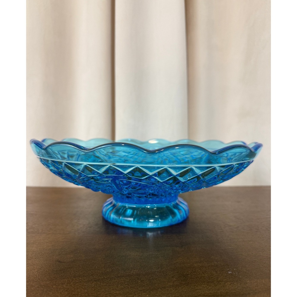 VTG Blue Console Bowl Della Robia Fruit Diamond Point Pattern Scalloped Rim